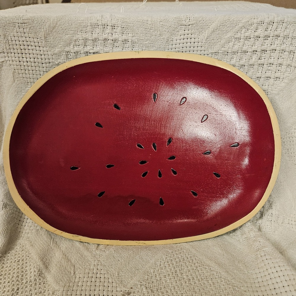 Vintage Wooden Hand-painted Watermelon Tray Made in Philippines Red Green